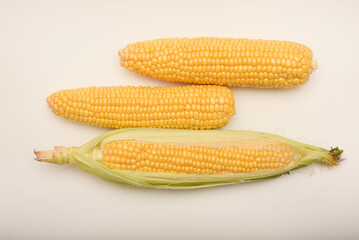 Three ears of corn on a white background. A printed cob. Ripe corn.