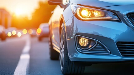 A close-up of a car's front tire and headlight during sunset on a road.