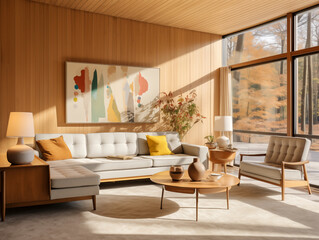 Modern living room interior with wood panneling walls un natural color. Nature inspired interior with large artwork and autumn accent colors