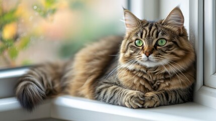 A fluffy brown tabby cat with green eyes sits on a window sill, looking out the window.