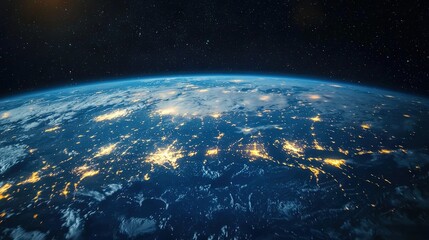 Obraz premium A stunning nighttime view from space shows city lights twinkling and stars shining brightly above