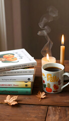 A stack of fall-themed books sits next to a steaming cup of hot beverage, surrounded by autumn leaves. The warm colors and cozy setup evoke a sense of comfort and relaxation.

