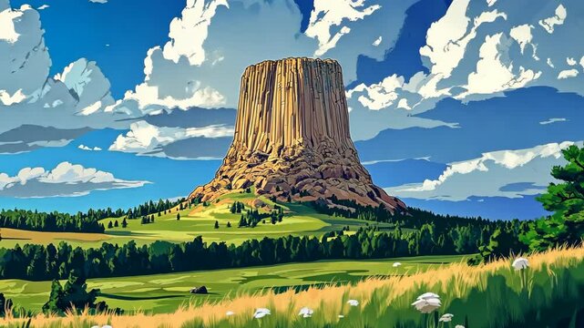 A view of Devils Tower National Monument in Wyoming on a sunny day