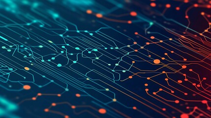 Abstract digital network with glowing lines and nodes on a dark background.