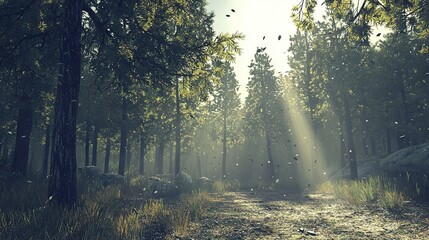 Obraz premium A dirt road lined by trees, with sunlight filtering through