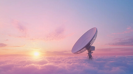 Satellite communication dish receiving signals, with a background of a vibrant sunset, symbolizing global connectivity and communication technology photo