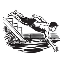 Swimmer diving silhouette vector  black color white background 