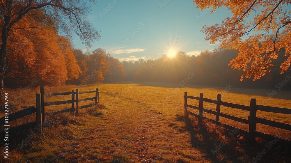 Poster bright sunlight breaks through the trees, casting a warm glow over an open field surrounded by vibra