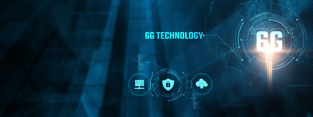 6G Technology Concept: Businessman interacting with advanced 6G network, ultra-fast connectivity, low latency, edge computing, real-time data processing, global coverage on virtual interface.