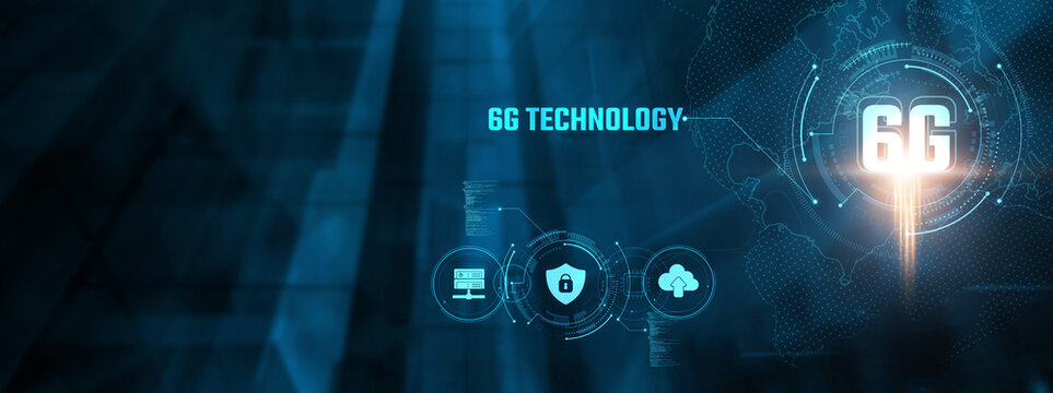 6G Technology Concept: Businessman interacting with advanced 6G network, ultra-fast connectivity, low latency, edge computing, real-time data processing, global coverage on virtual interface. - Powered by Adobe