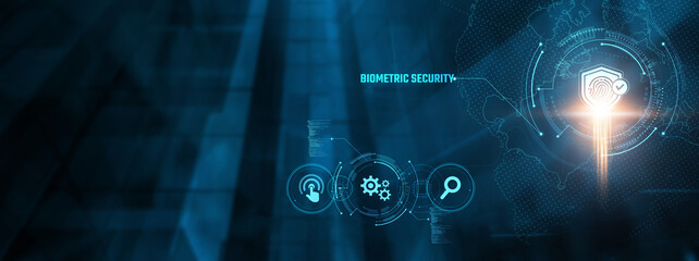 Biometric Security Concept: Businessman analyzing biometric security on virtual interface. Facial recognition, fingerprint scanning, identity verification, data protection, authentication.