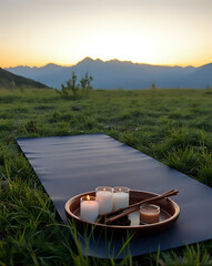 le tapis de yoga se trouve sur l'herbe, le lever du soleil, le matin