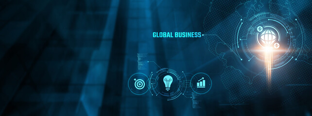 Global Business Concept: International trade, market expansion, cross-cultural collaboration, global supply chain, regulatory compliance, strategic partnerships, economic growth on virtual interface.