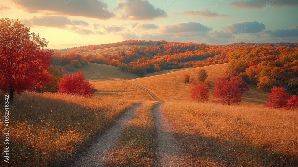 Poster a dirt path meanders through a serene autumn landscape filled with vibrant red and orange trees. the