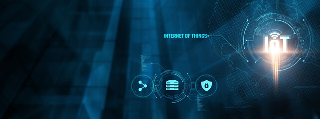 Internet of Things (IoT) Concept: Connectivity, automation, data collection, smart devices, real-time monitoring, analytics, efficiency on virtual interface.