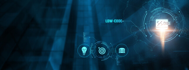 Low-Code Concept: Low-code platform simplifies application development, drag-and-drop tools, rapid prototyping, minimal coding, user-friendly interfaces, efficient workflows on virtual interface.