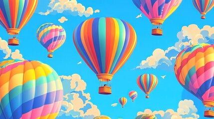 Fototapeta premium A flock of vibrant hot air balloons drifts through a clear blue sky adorned with billowy white clouds on a warm, sunny day