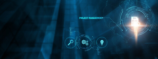 Project Management Concept: Businessman overseeing project management on virtual interface. Planning, resource allocation, team coordination, risk management, budget control on virtual interface.