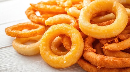 Packs of frozen French fries and onion rings on a white background, highlighting convenience in fast food at home.