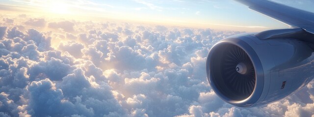 Airplane engine view through the window with cloudy sky and sunlight.