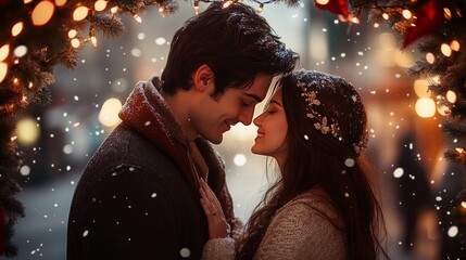 Young couple is enjoying a romantic moment under christmas lights, their faces close together as snow falls around them, creating a magical winter atmosphere
