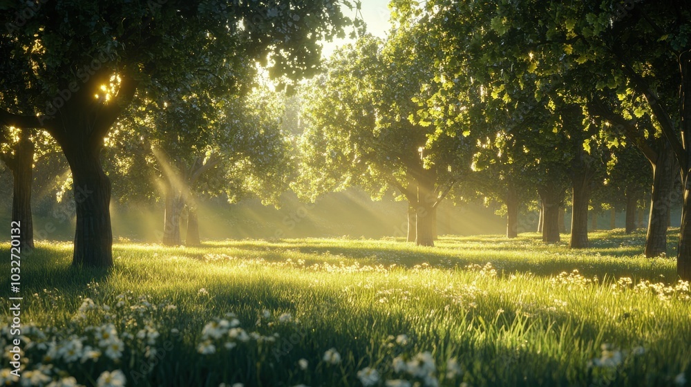 Wall mural a tranquil meadow scene with sunlight filtering through a canopy of trees at the edge of the field