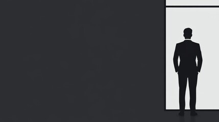 Obraz premium A silhouette of a man in a suit stands in a doorway, framed by stark contrasts of light and shadow, evoking themes of opportunity and contemplation.