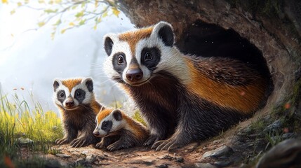 Obraz premium Charming japanese badger family emerges from their den on a sunny day, enjoying the warmth of the sunlight in nature