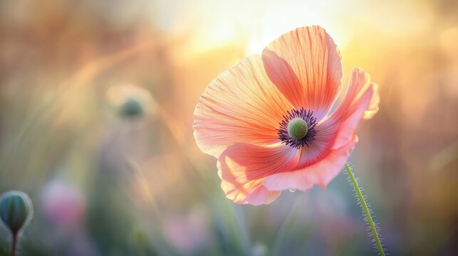 1410 39 A close-up of a meadow flower, with soft-focus background and sunlight shining through the petals
