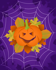 Bright Halloween vector illustration with carved pumpkin and spider web