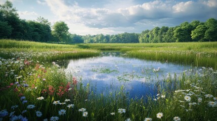 A wide view of a meadow with tall grasses, wildflowers, and a small pond reflecting the sky