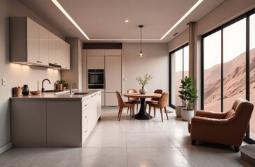 Fototapeta premium Modern kitchen with a sleek design and large windows overlooking a desert landscape Concept: minimalist kitchen, modern design, desert view, contemporary home decor, futuristic living