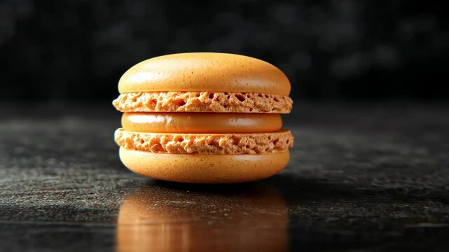 A single macaron, delicately crafted and filled with a creamy center, sits on a dark surface, its reflection shimmering below