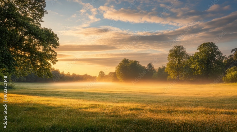 Poster a meadow at dawn with soft mist rising from the ground, illuminated by the first rays of sunlight