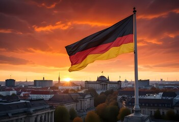 German Flag Waving Over Berlin at Sunset