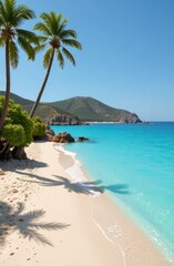 Tropical beach with white sand, turquoise water, and palm trees, sunny and tranquil atmosphere Concept: tropical paradise, beach scenery, summer vacation, coastal relaxation, nature escape