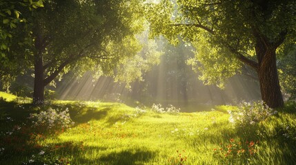 Obraz premium A meadow surrounded by trees, with sunbeams filtering through the branches and lighting up the grass