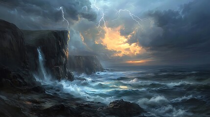 A dramatic coastal landscape with steep cliffs, turbulent waves, and a stormy sky full of dark clouds and distant lightning 