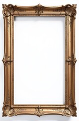 Vertical ornate gold frame with an empty white background, intricate vintage design Concept: antique frame, baroque style, gold decoration, classic art, gallery template