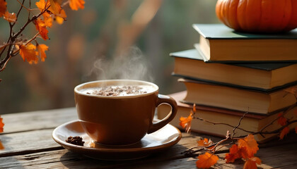 A stack of fall-themed books sits next to a steaming cup of hot beverage, surrounded by autumn leaves. The warm colors and cozy setup evoke a sense of comfort and relaxation.

