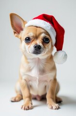 Obraz premium A small Chihuahua puppy wearing a red Santa hat, sitting against a plain white background. The adorable expression and festive attire create a joyful and heartwarming image, perfect for Christmas and 