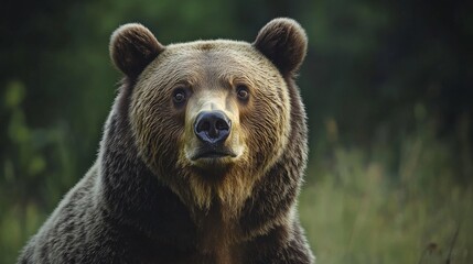 Fototapeta premium A large brown bear stands in a grassy field. The bear has a big, furry face and is looking directly at the camera. The scene is peaceful and serene, with the bear being the main focus of the image