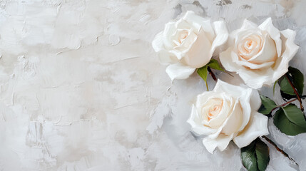 vibrant white stone pattern background with white roses, oil painting, copy space