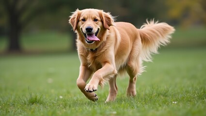 Energetic Golden Retriever frolicking in green park