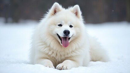 Obraz premium Happy Samoyed dog blending with snow smiling contently