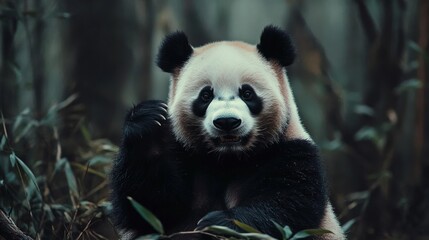 Fototapeta premium A panda bear is sitting in the woods and looking at the camera. The bear is black and white with a black nose and black ears