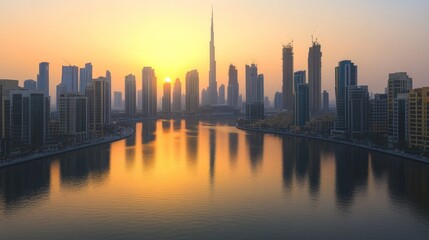 Obraz premium A stunning sunset over a city skyline with a prominent tower and reflective water.