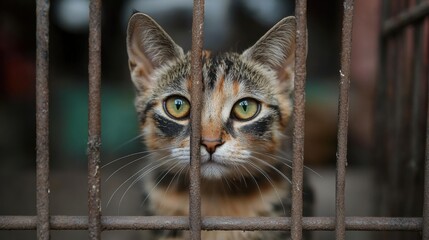 Domestic cat gazing through bars in an animal shelter environment
