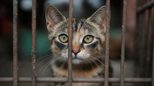 Domestic cat gazing through bars in an animal shelter environment