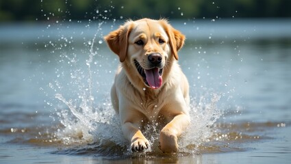 Energetic Labrador Retriever leaping in lake water droplets in air